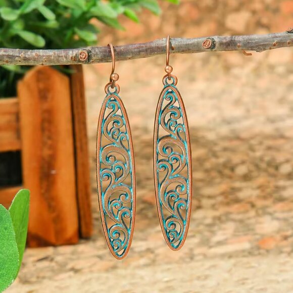 WOMENS ANTIQUE COPPER BLUE GREEN PATINA OVAL TEXTURED STYLE EARRINGS - Picture 1 of 3
